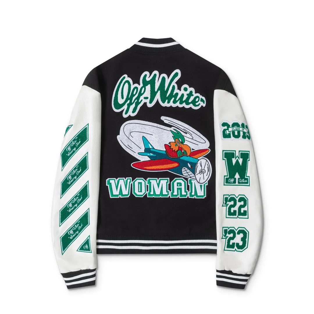 S27#P676, off white 2024 autumn and winter new heavy industry embroidered leather baseball jacket couple style color black size: S M L XL